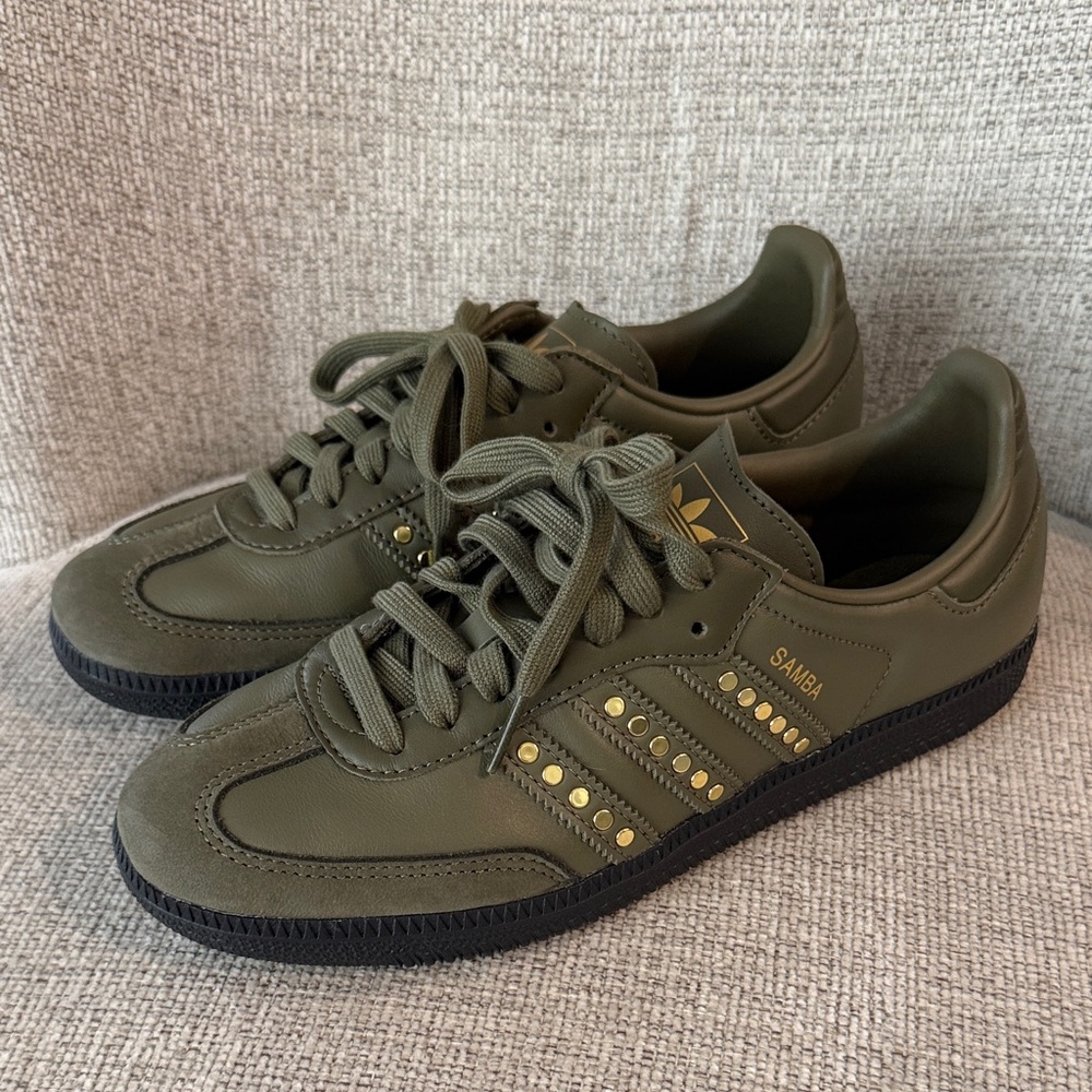 New adidas Samba Olive/Gold Studded